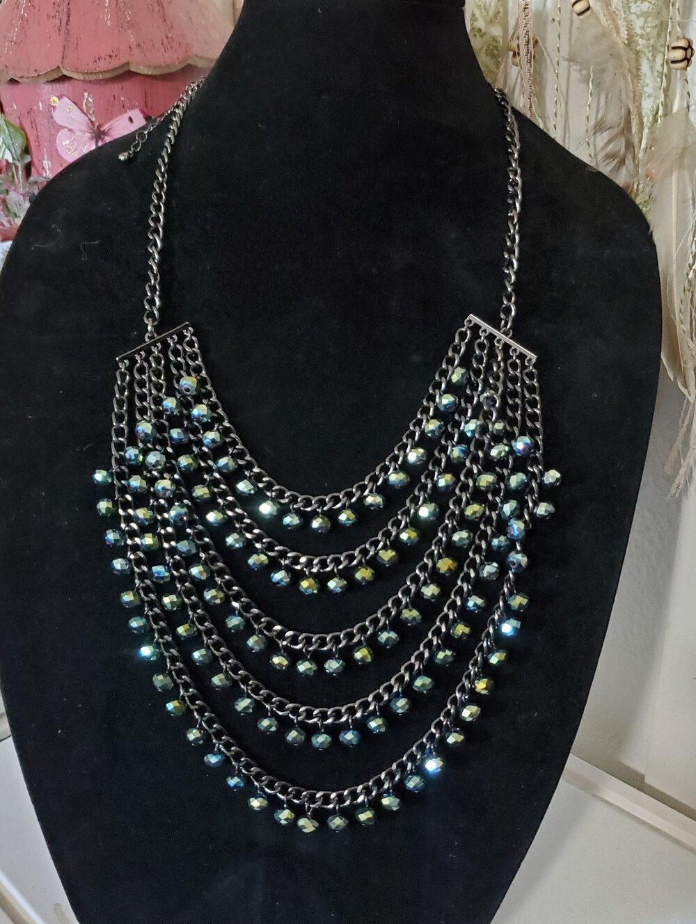 Gennaro Multi-Row Iridescent Beaded Chain Link Statement Necklace Blues Greens